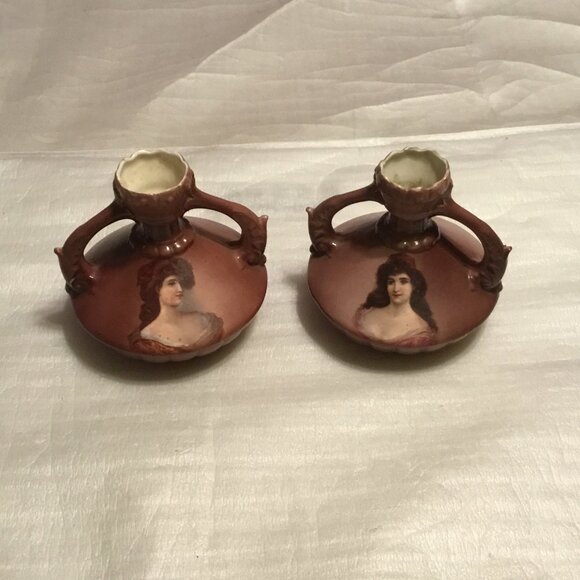Set of 2 antique, hand painted Austrian squat vases - portraits of lovely ladies